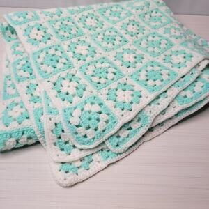 Vintage Mint and White Crochet Baby Blanket or Shawl, 28x52"